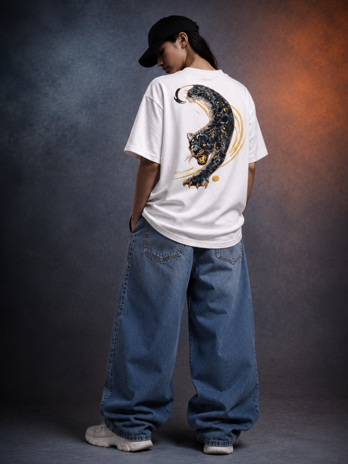 Midnight Panther White Oversized Tee - Women