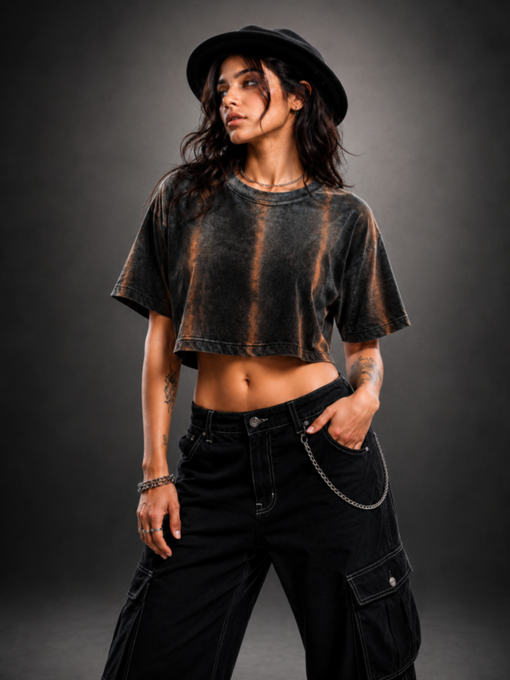 Rust Streaked Oversized Crop Top - Women black