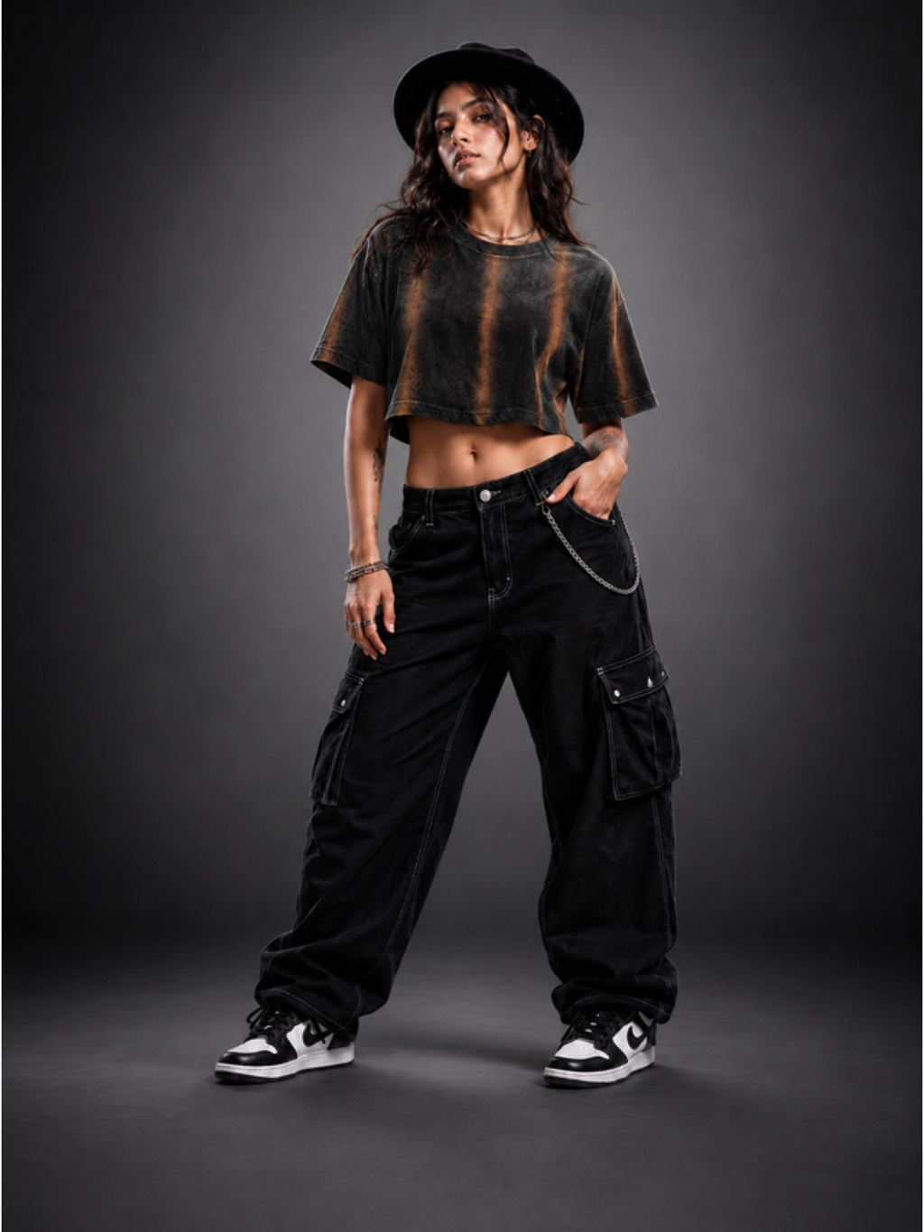 Rust Streaked Oversized Crop Top - Women black