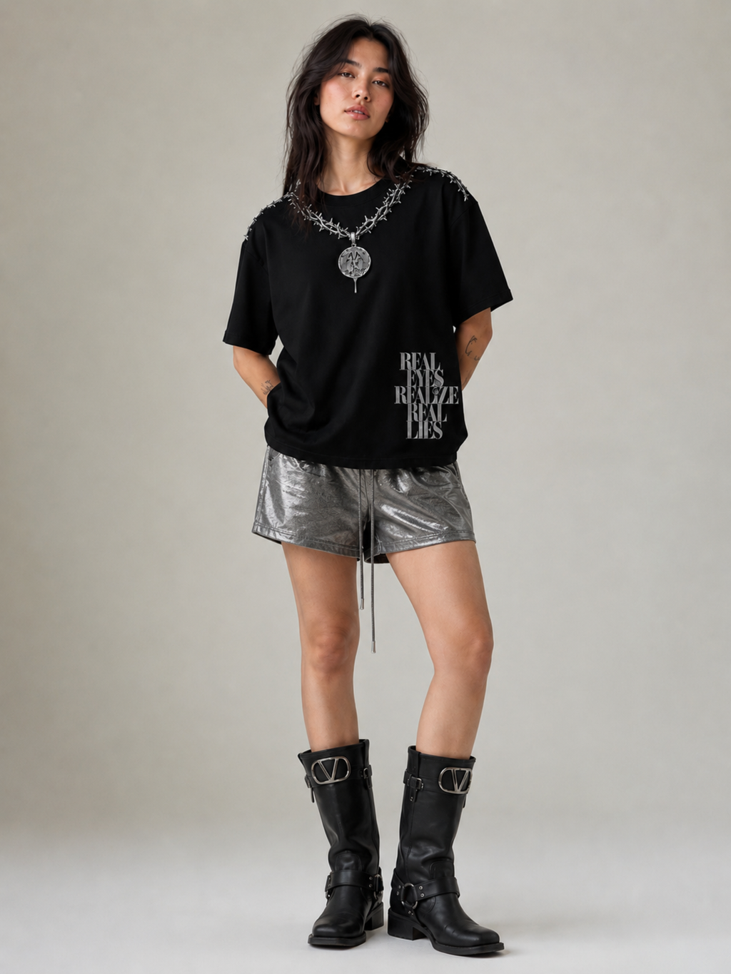 Concert Oversized Tee Detachable Sleeves Black-Women