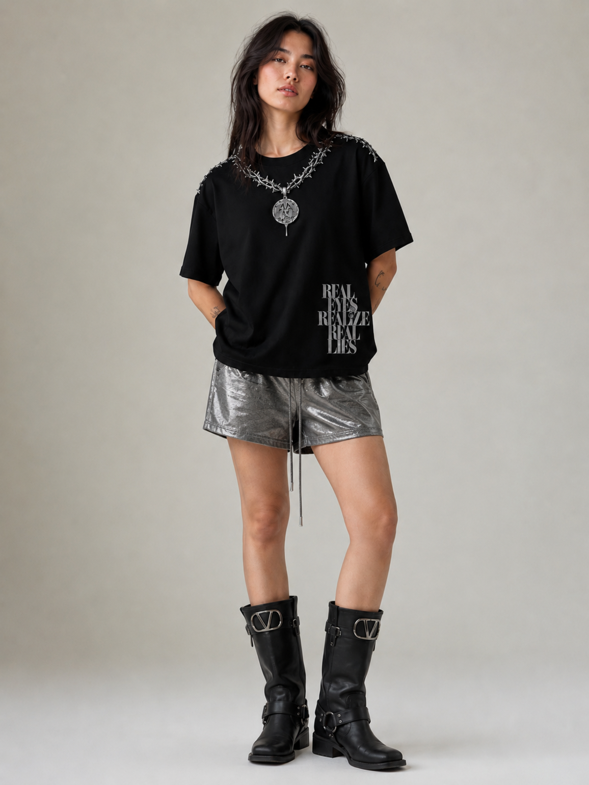 Concert Oversized Tee Detachable Sleeves Black-Women