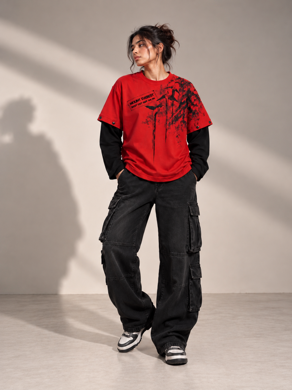 Mt Everest 2.0 Oversized Tee Detachable Sleeves Red-Women