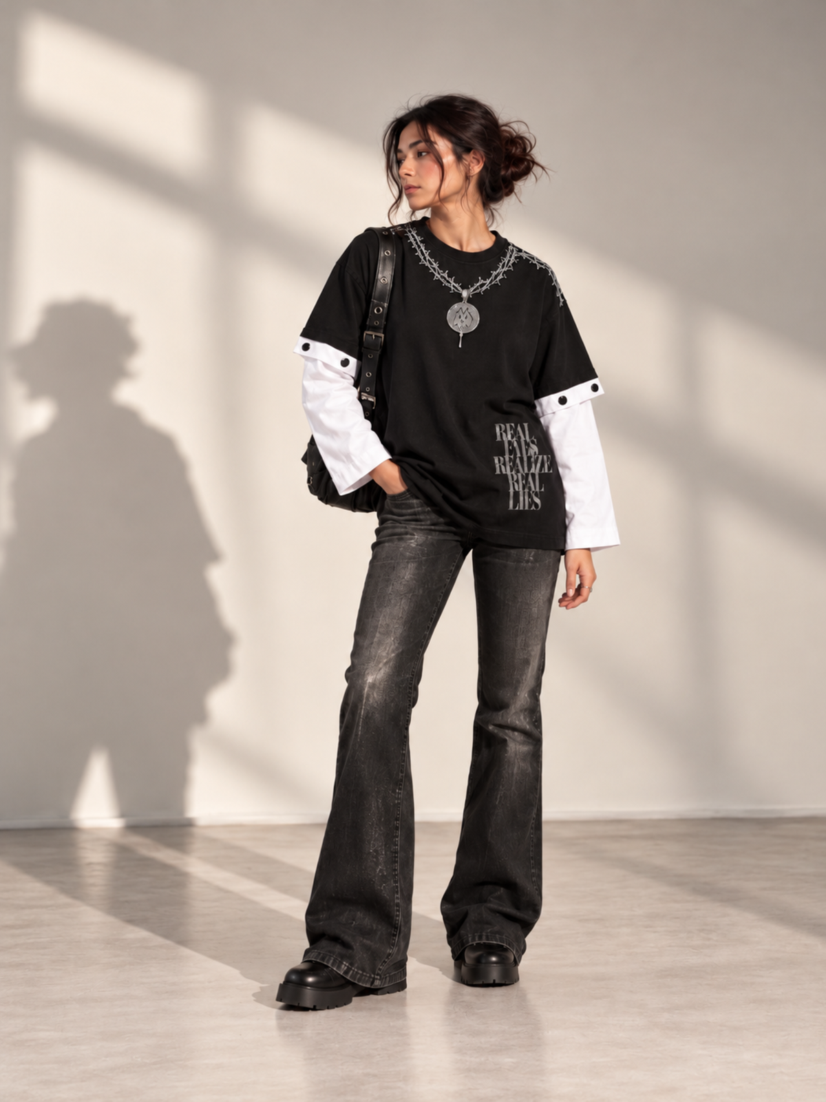 Concert Oversized Tee Detachable Sleeves Black-Women