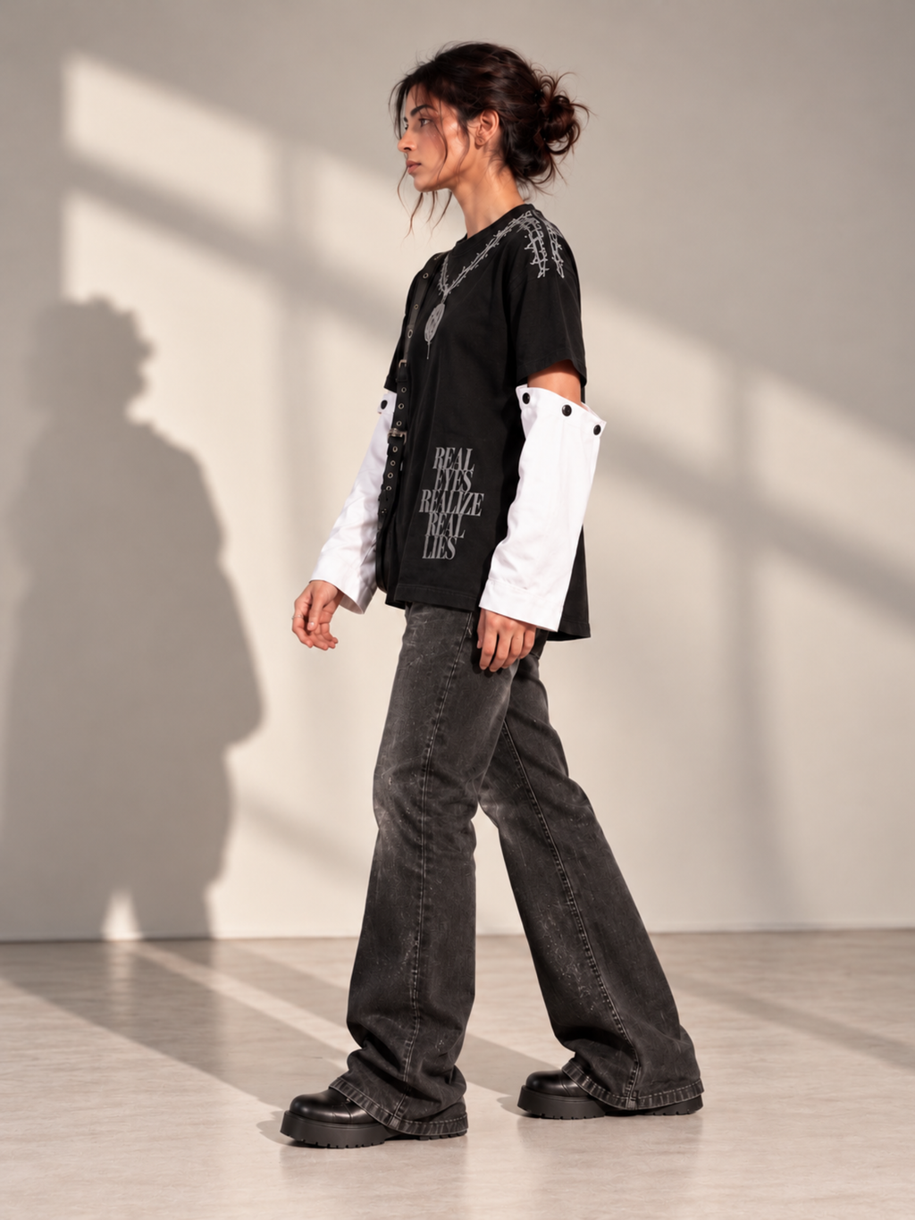Concert Oversized Tee Detachable Sleeves Black-Women