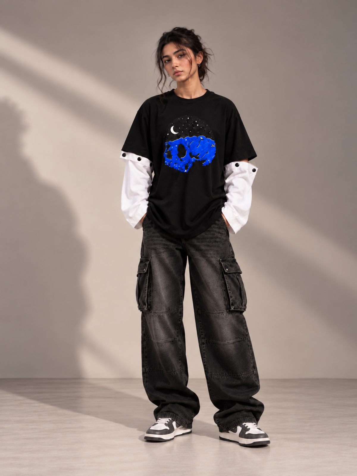 The Skull Oversized Black Tee Detachable Sleeves -Women