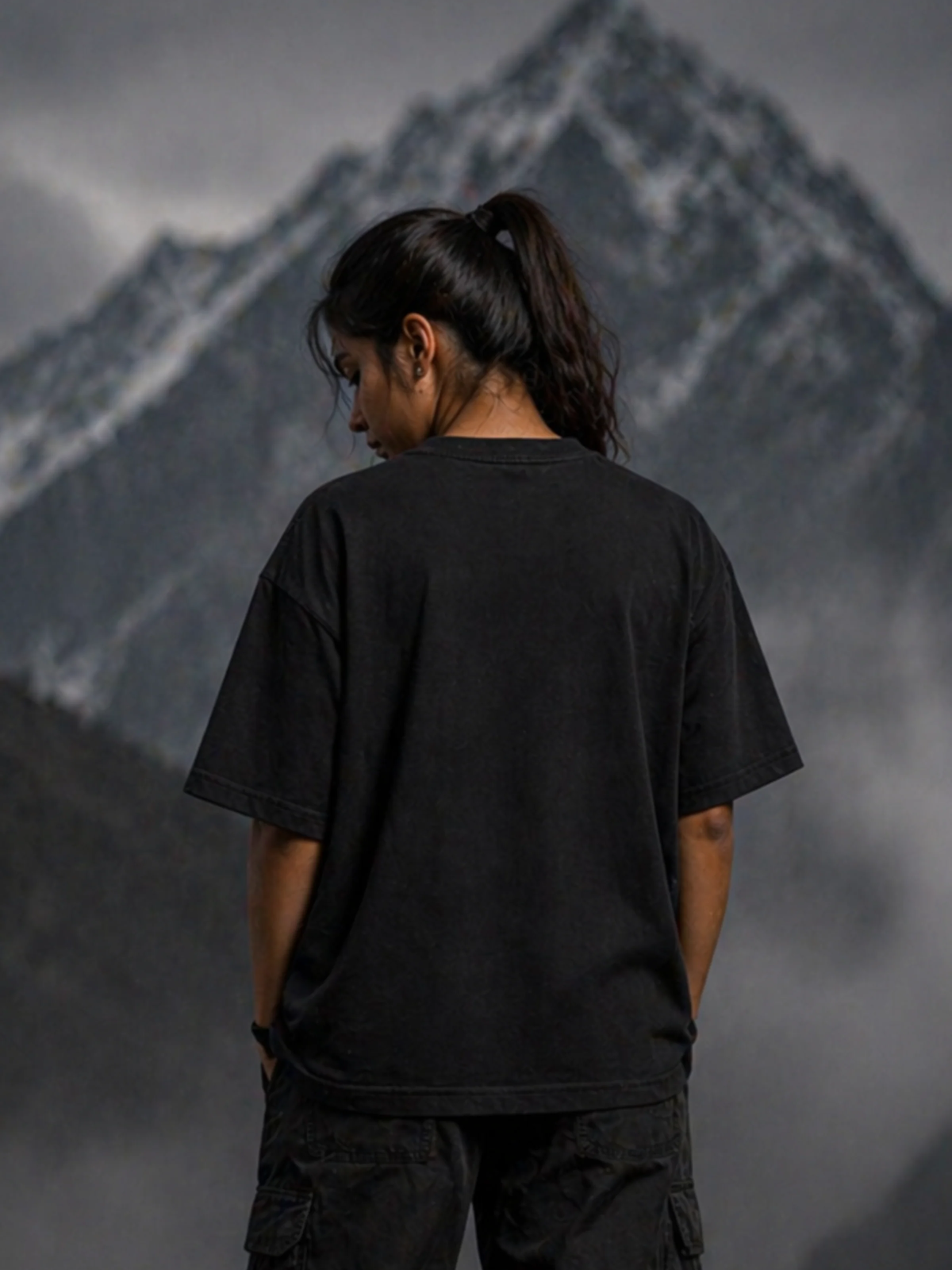 Mount Everest Oversized Black Tee - WOMEN
