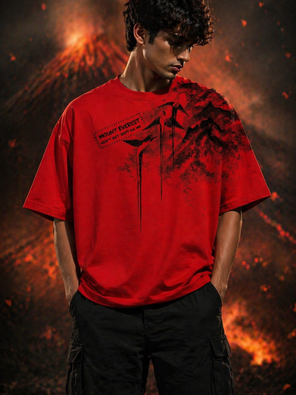 Mount Everest Oversized Red Tee - Men