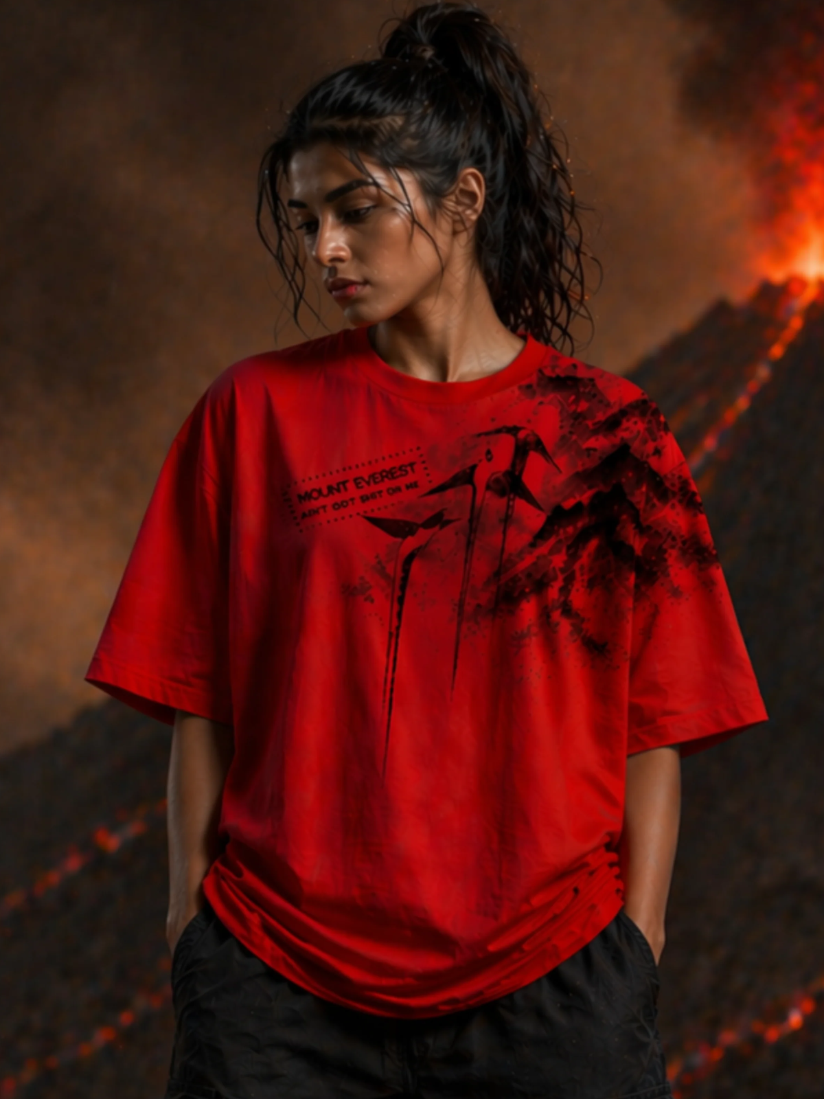 Mt Everest 2.0 Oversized Tee Detachable Sleeves Red-Women